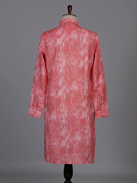 Coral red cotton kurta suit with kantha inspired stitch print
