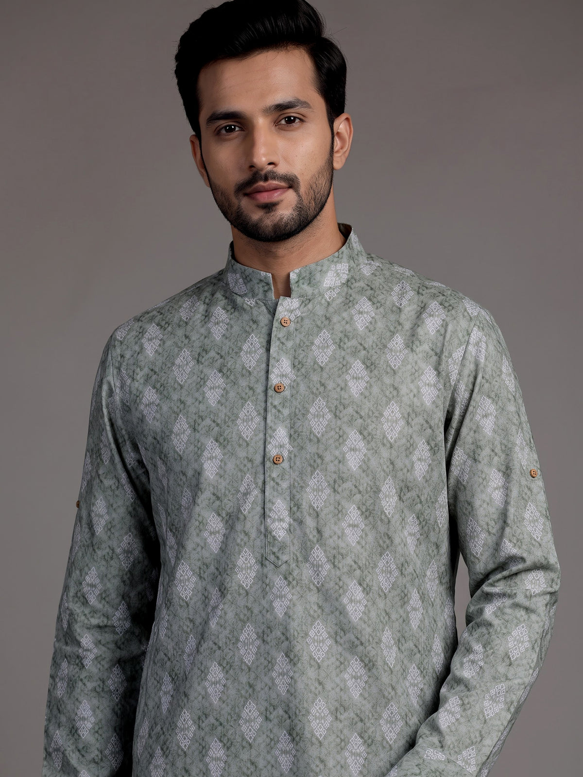 Sage green cotton kurta suit with ethnic print