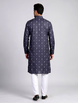 Charcoal grey cotton kurta suit with white ikat print