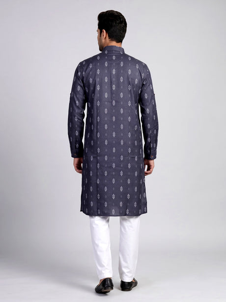 Charcoal grey cotton kurta suit with white ikat print