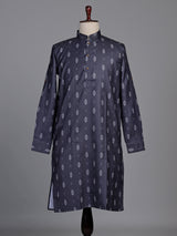 Charcoal grey cotton kurta suit with white ikat print