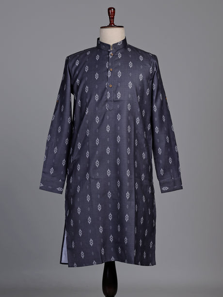 Charcoal grey cotton kurta suit with white ikat print