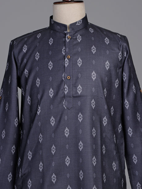 Charcoal grey cotton kurta suit with white ikat print