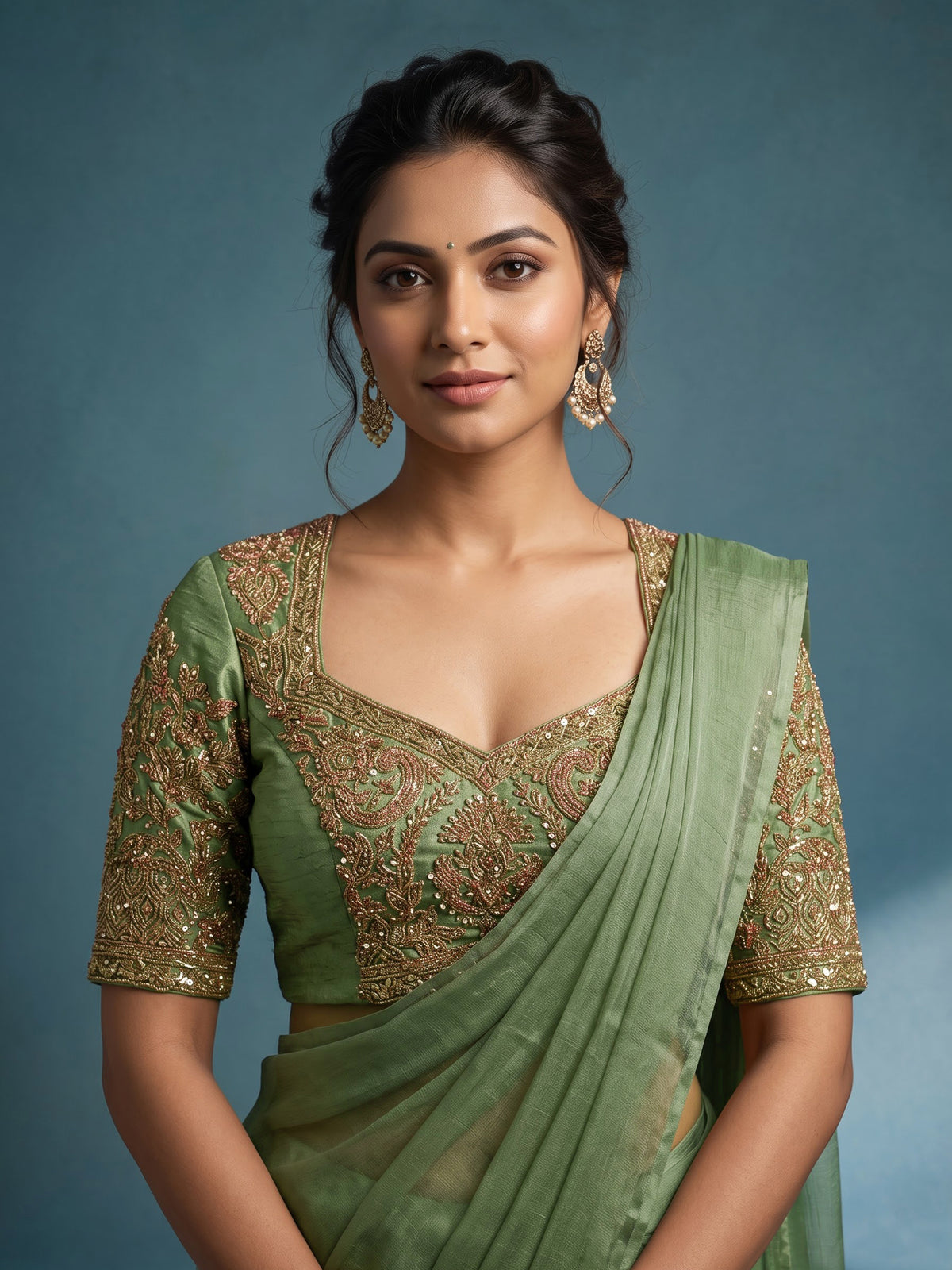 Green crinkled silk unstitched lehenga choli with zardosi work