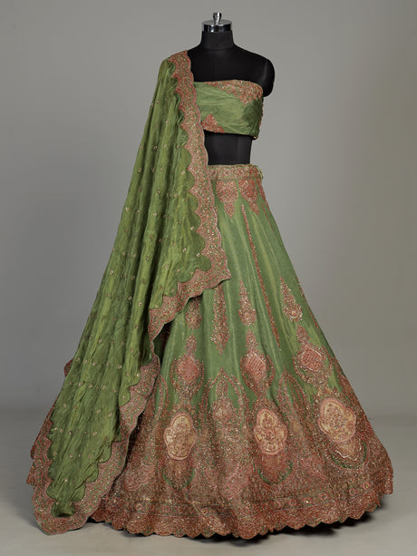 Green crinkled silk unstitched lehenga choli with zardosi work