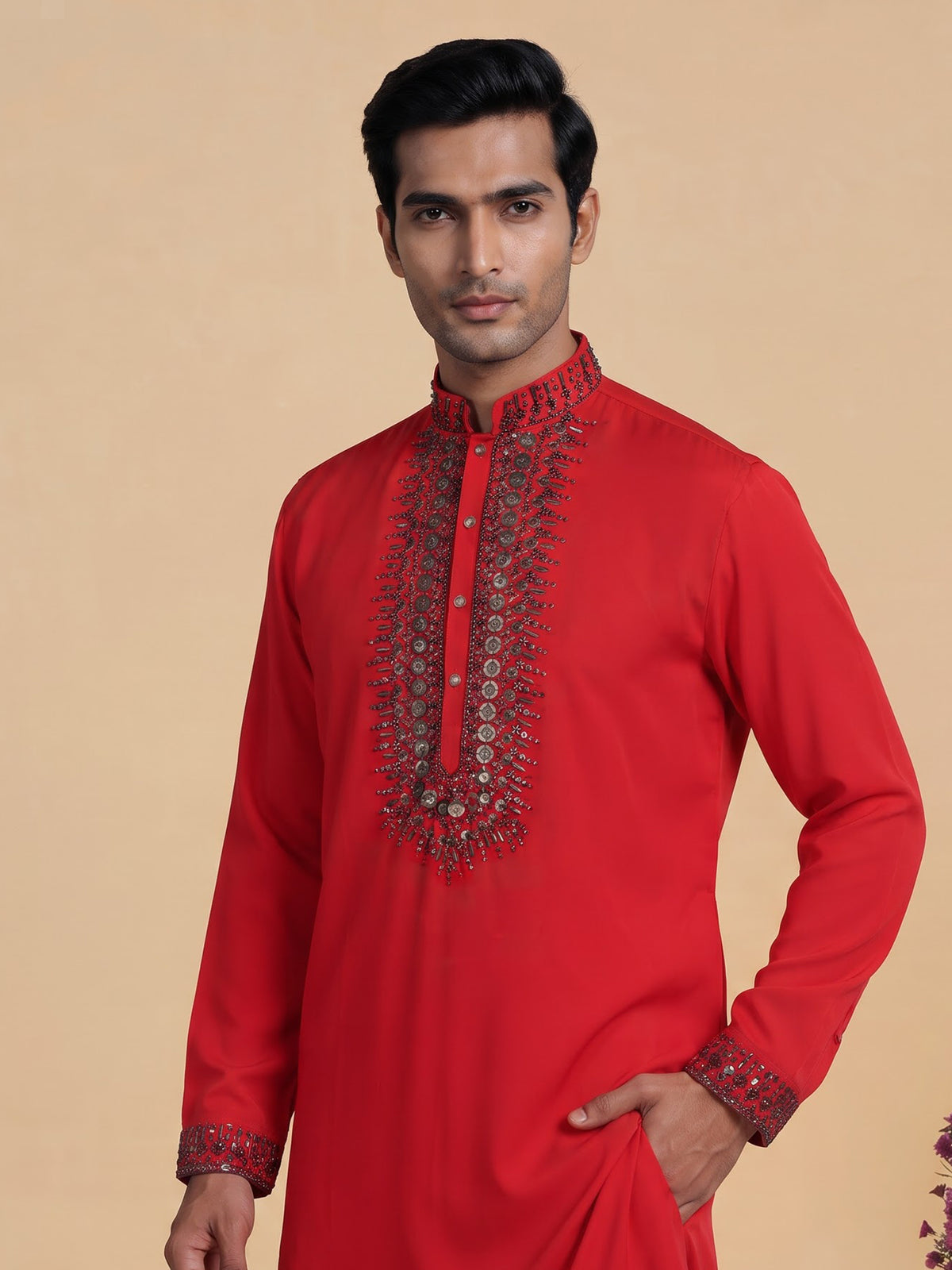 Scarlet red crepe silk kurta suit with antique silver embellished bib