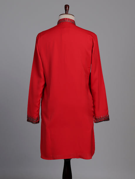 Scarlet red crepe silk kurta suit with antique silver embellished bib