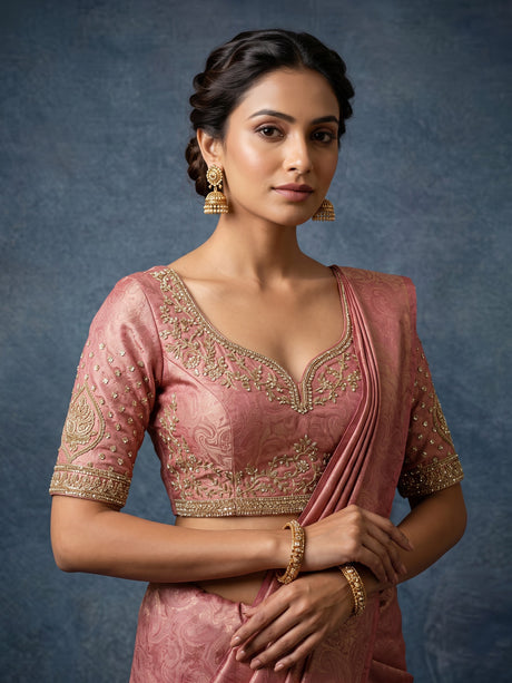 Pastel pink silk unstitched lehenga choli with resham embellishments