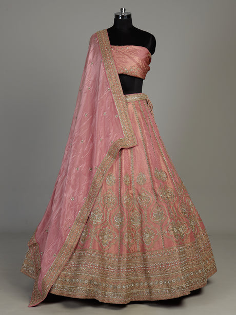 Pastel pink silk unstitched lehenga choli with resham embellishments
