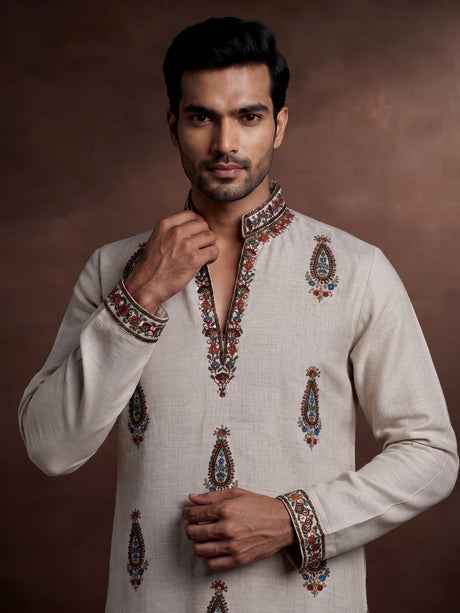 Off white linen kurta suit with multicolour kashmiri paisley embroidery