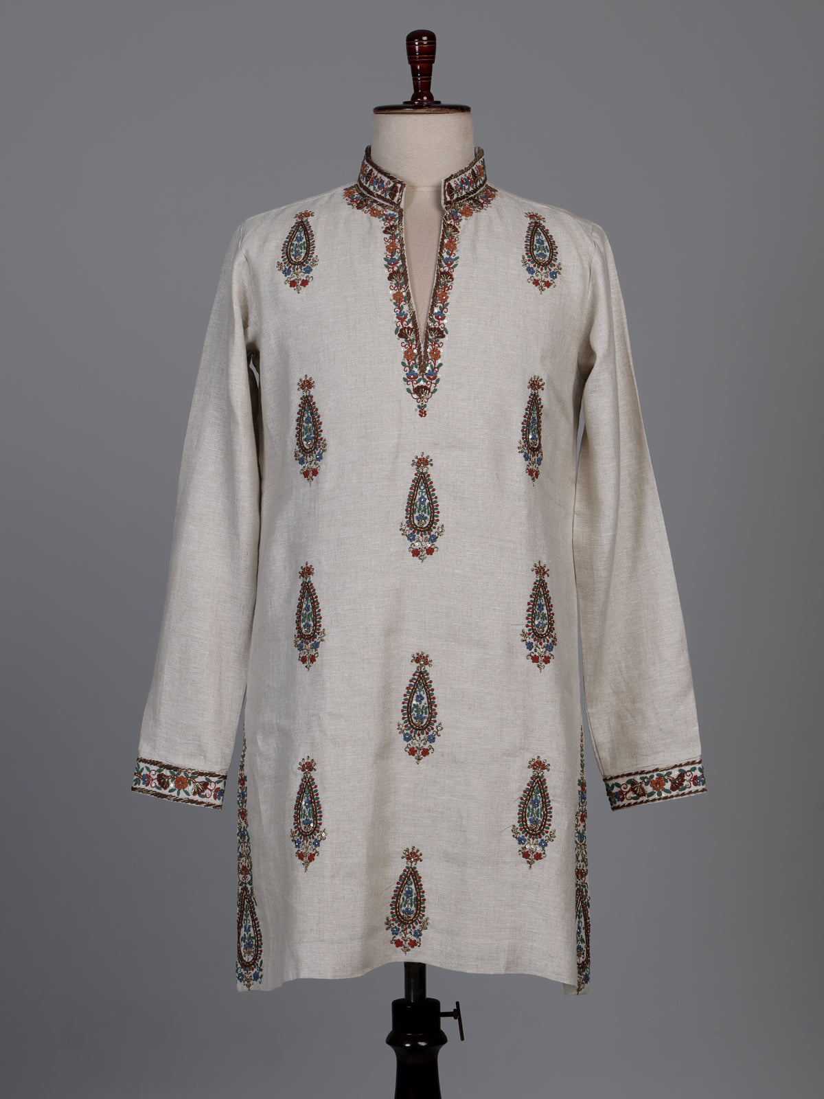 Off white linen kurta suit with multicolour kashmiri paisley embroidery