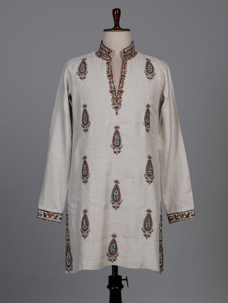 Off white linen kurta suit with multicolour kashmiri paisley embroidery