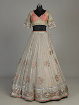 Pastel beige tissue lehenga choli with contrast dupatta embellishments