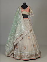 Pastel beige tissue lehenga choli with contrast dupatta embellishments