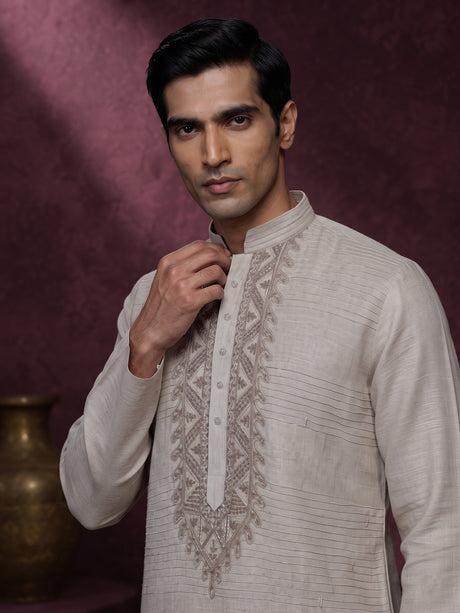 Fawn beige linen kurta suit with geometric chevron embroidered detailing