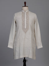 Fawn beige linen kurta suit with geometric chevron embroidered detailing