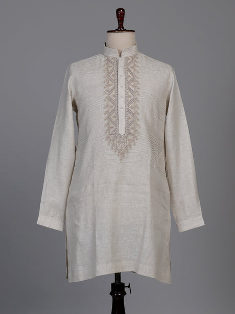 Fawn beige linen kurta suit with geometric chevron embroidered detailing