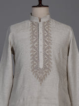 Fawn beige linen kurta suit with geometric chevron embroidered detailing
