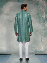 Emerald green kurta suit with shimmering silver gota patti stripes