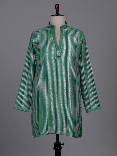 Emerald green kurta suit with shimmering silver gota patti stripes