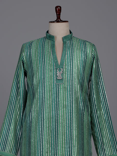 Emerald green kurta suit with shimmering silver gota patti stripes