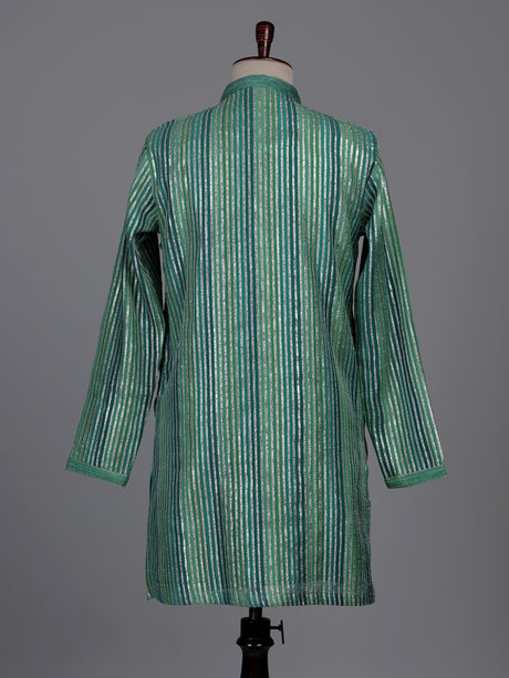 Emerald green kurta suit with shimmering silver gota patti stripes