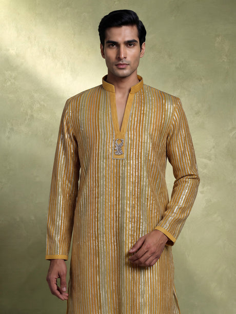 Marigold yellow kurta suit with silver gota patti pinstripes