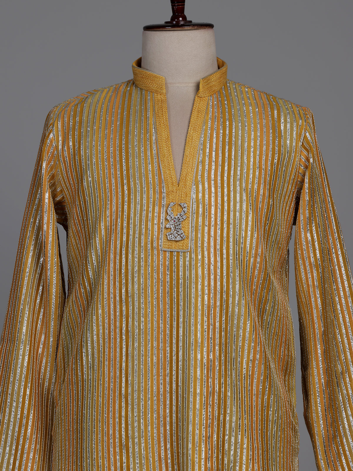 Marigold yellow kurta suit with silver gota patti pinstripes