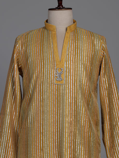 Marigold yellow kurta suit with silver gota patti pinstripes