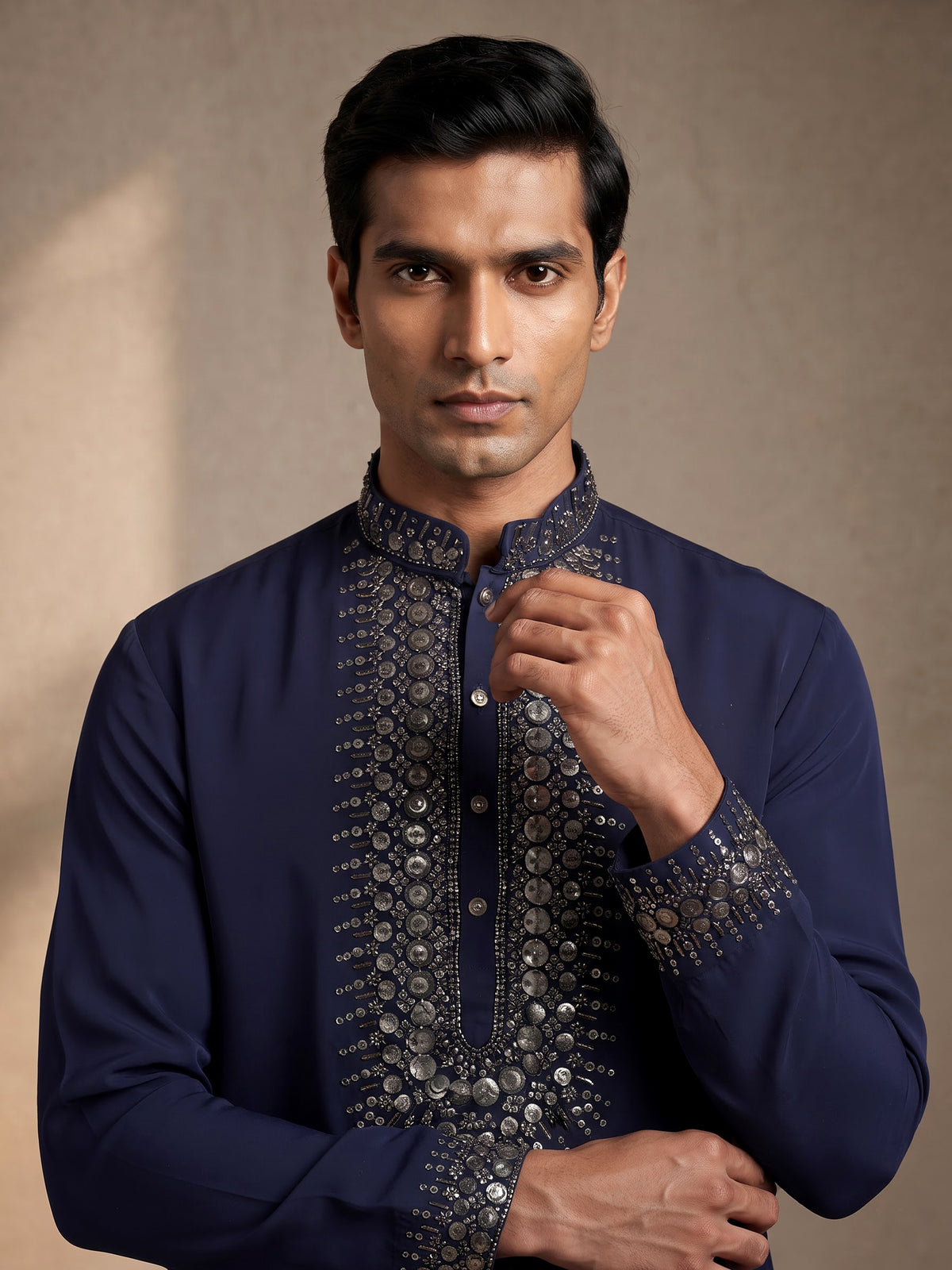 Deep navy crepe silk kurta suit with antique silver embroidered bib