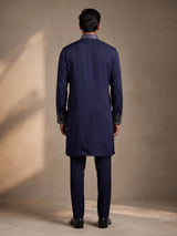 Deep navy crepe silk kurta suit with antique silver embroidered bib
