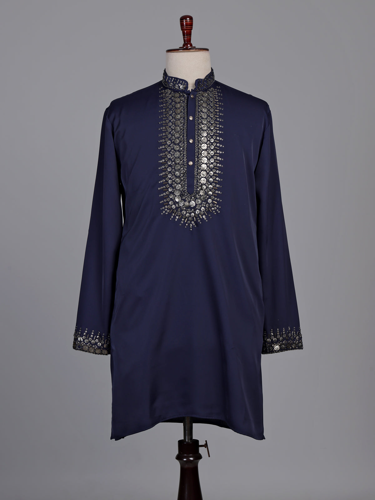 Deep navy crepe silk kurta suit with antique silver embroidered bib