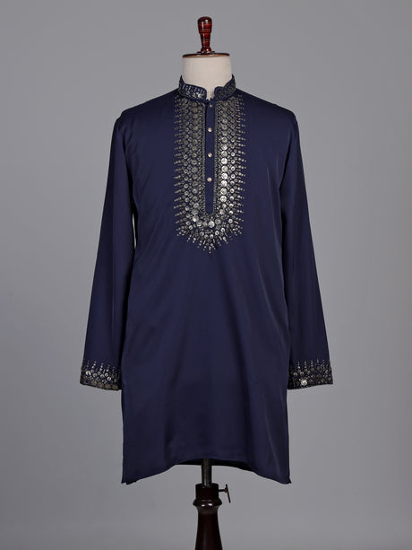 Deep navy crepe silk kurta suit with antique silver embroidered bib