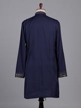 Deep navy crepe silk kurta suit with antique silver embroidered bib