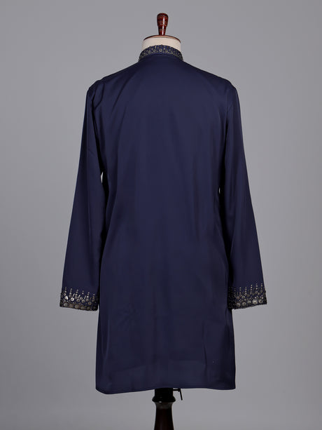 Deep navy crepe silk kurta suit with antique silver embroidered bib