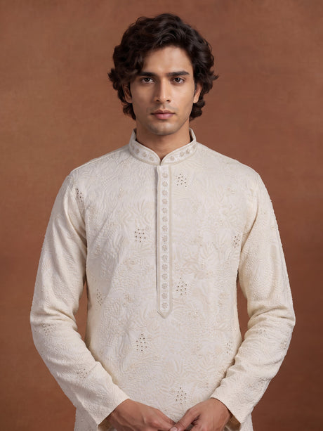 Ivory white lucknowi embroidered kurta suit with subtle bead work