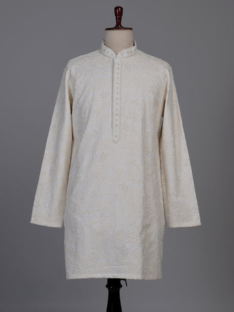 Ivory white lucknowi embroidered kurta suit with subtle bead work