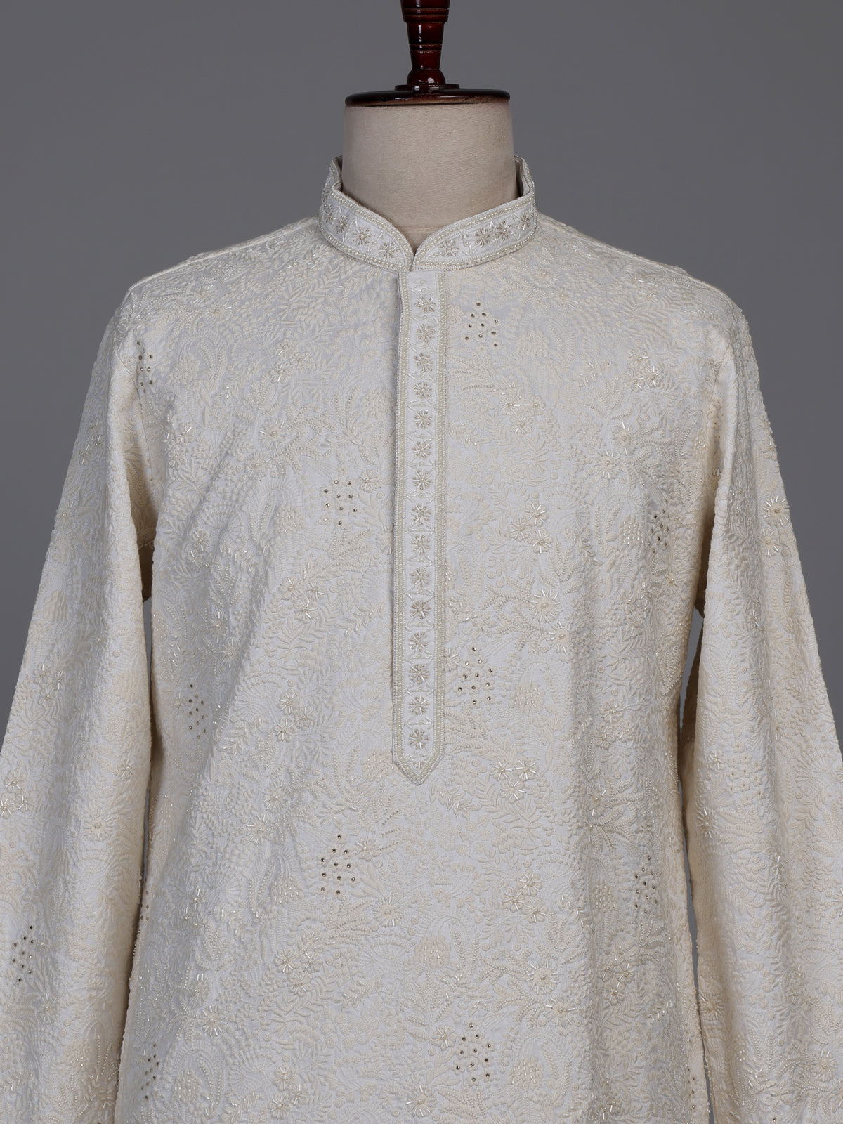Ivory white lucknowi embroidered kurta suit with subtle bead work