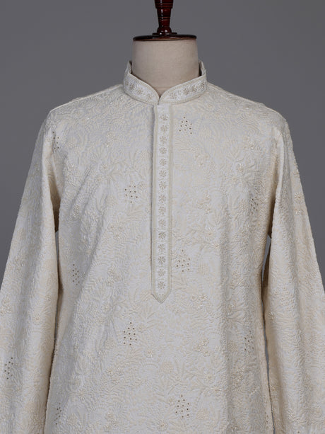 Ivory white lucknowi embroidered kurta suit with subtle bead work