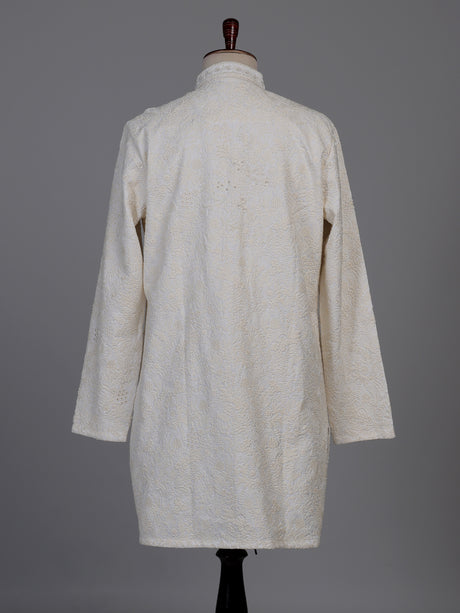 Ivory white lucknowi embroidered kurta suit with subtle bead work