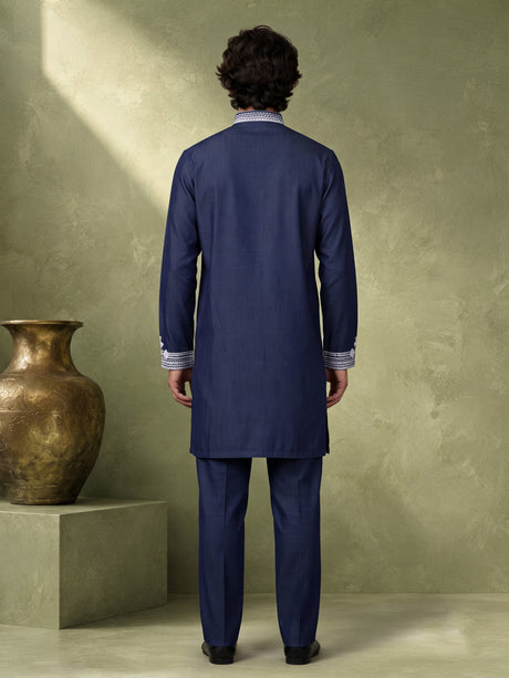 Indigo blue cotton kurta suit with white lotus embroidery