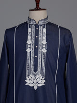 Indigo blue cotton kurta suit with white lotus embroidery