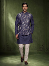 Lavender purple linen waistcoat set with floral embroidery