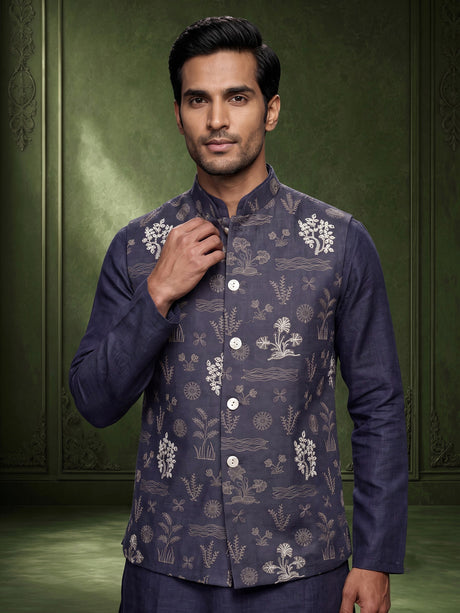 Lavender purple cotton silk waistcoat set with floral embroidery