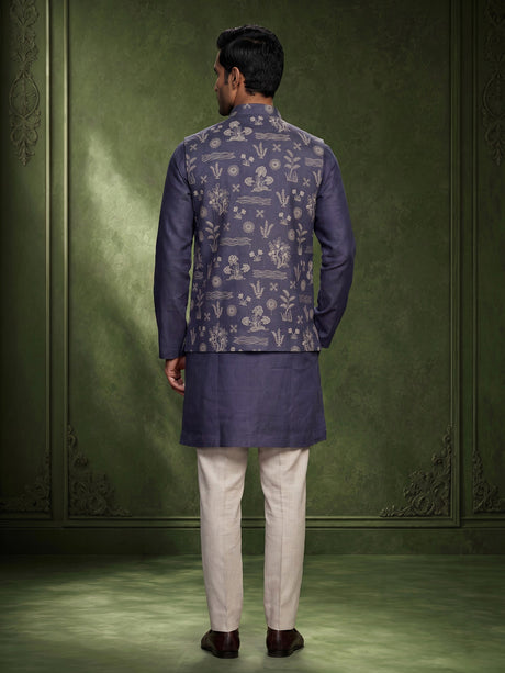 Lavender purple cotton silk waistcoat set with floral embroidery