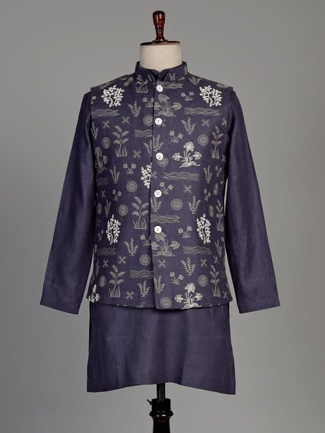 Lavender purple cotton silk waistcoat set with floral embroidery