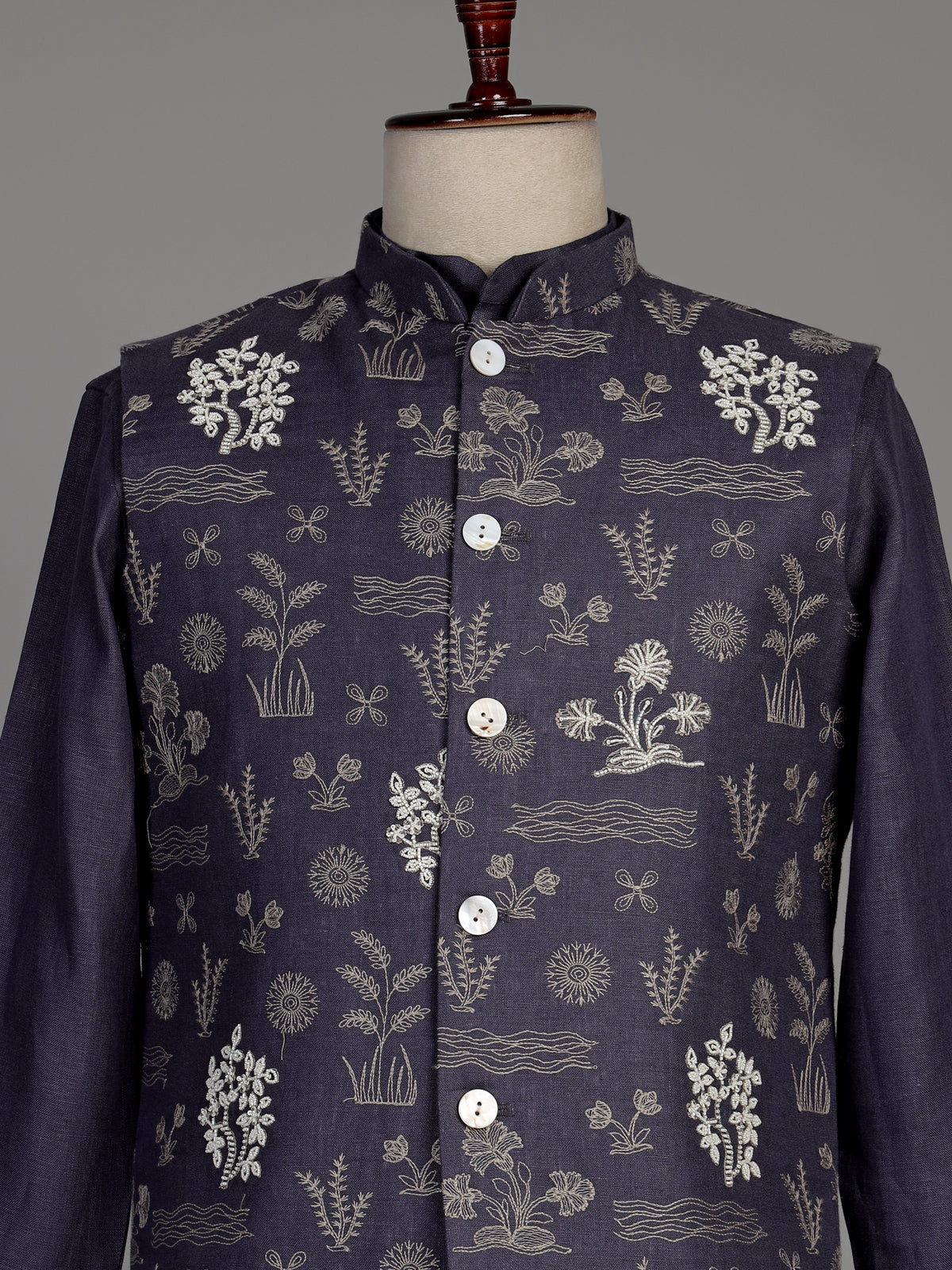 Lavender purple linen waistcoat set with floral embroidery