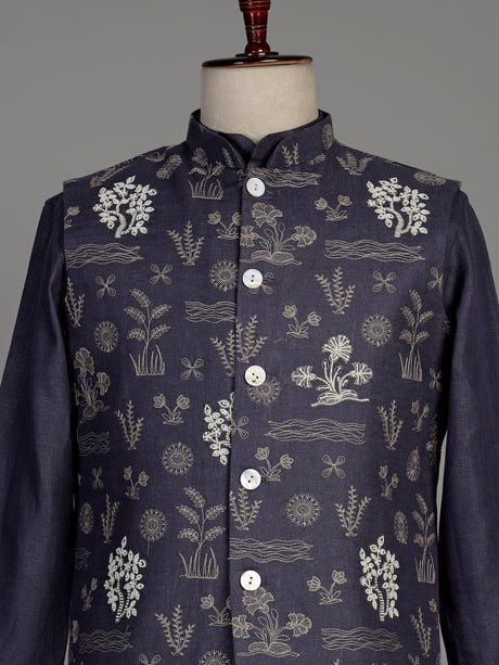 Lavender purple cotton silk waistcoat set with floral embroidery
