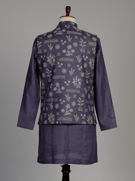 Lavender purple cotton silk waistcoat set with floral embroidery