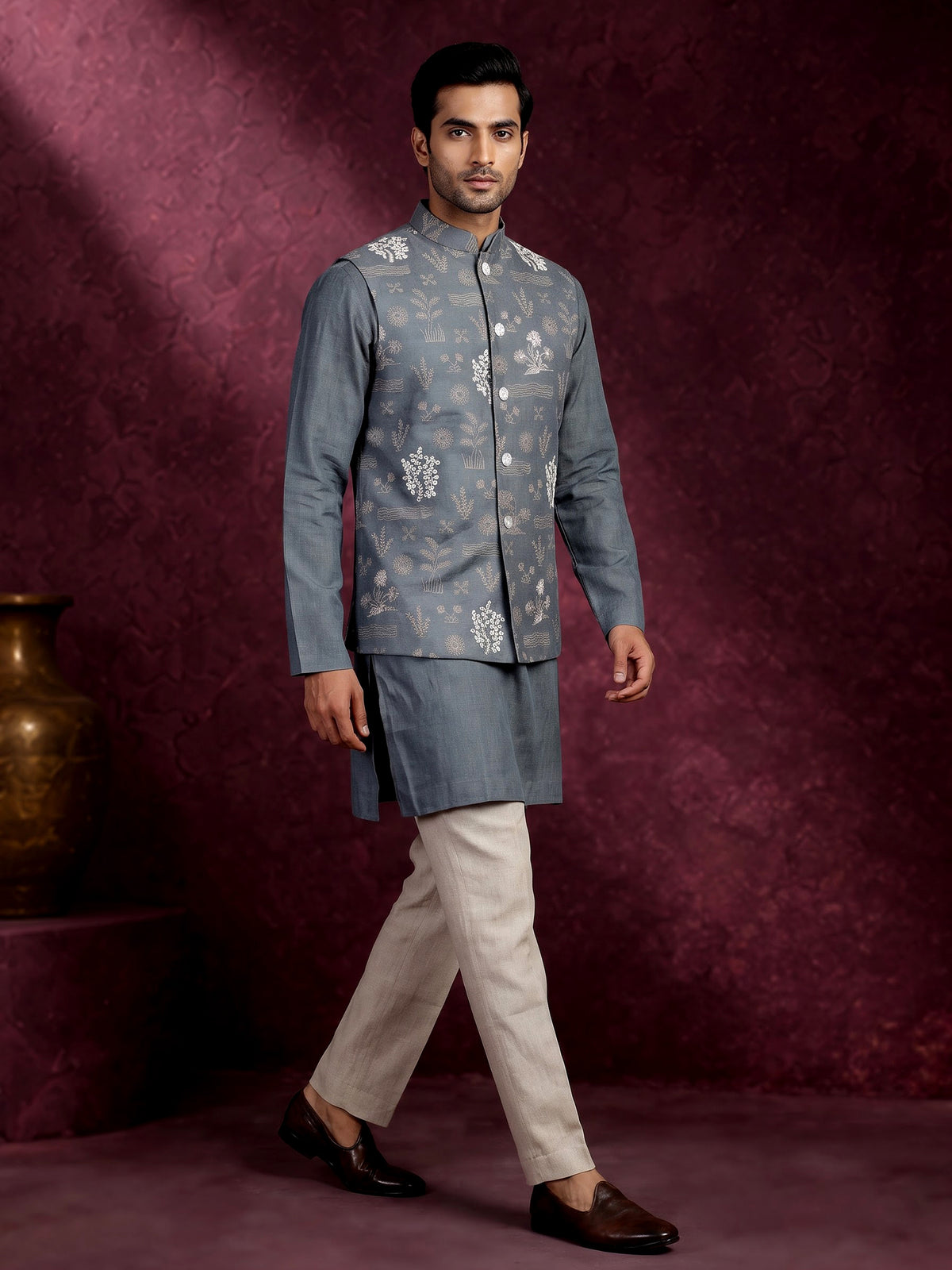 Stone grey cotton silk waistcoat set with botanical embroidery